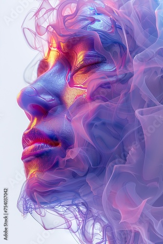 impression face artwork of girl with iridescent opalescent colours liquid or smoke style