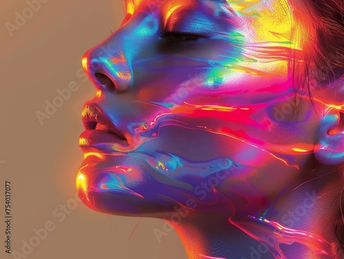 impression face artwork of girl with iridescent opalescent colours liquid or smoke style