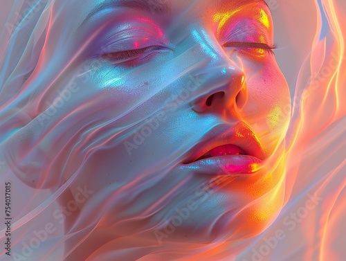 impression face artwork of girl with iridescent opalescent colours liquid or smoke style