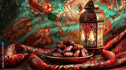 Background Lantern  dish of dates and Qur'an on Ramadan colorful fabrics  photo