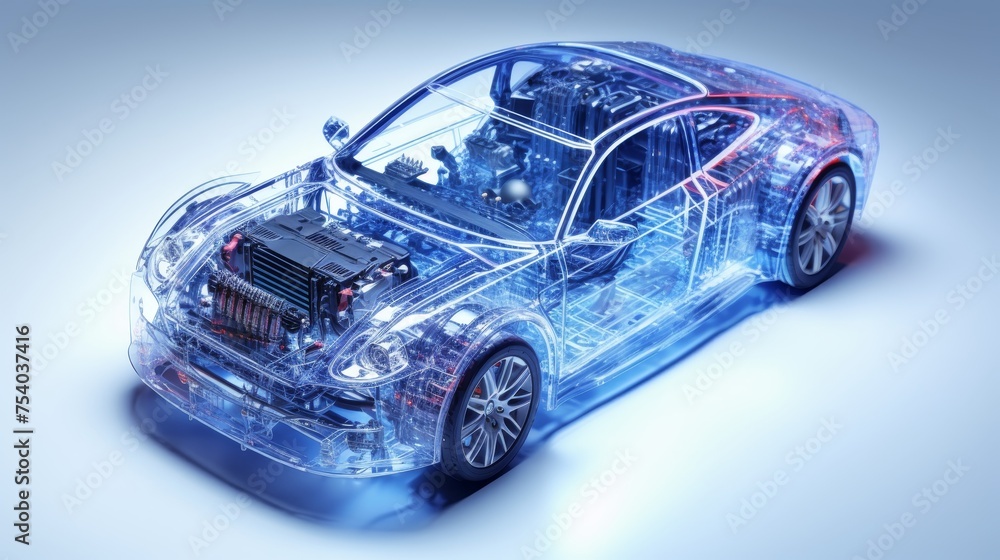 Futuristic electric car with holographic wireframe technology on white background Futuristic electric car with holographic wireframe technology on white background