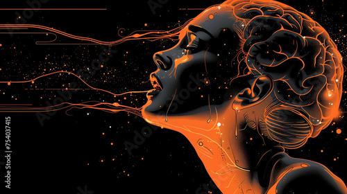 Illustration de type BD réaliste d'une femme sur fond noir, connexions oranges du cerveau, neurones et activité neurologique pendant la vie, image de la santé mentale et cognitive photo