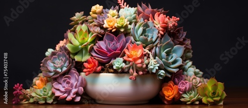 A vase filled with a diverse array of vibrant succulents, showcasing various hues and shapes. The succulents appear healthy and thriving in their colorful display.