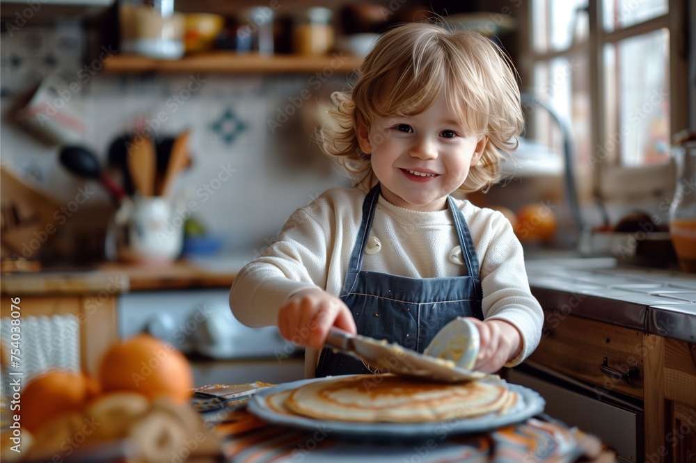 A little boy as a chef is happily making pancake for breakfast, enjoying a fun family baking session in the kitchen A little boy as a chef is happily making pancake for breakfast, enjoying a fun family baking session in the kitchen