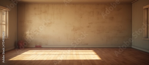 This 3D rendering depicts an empty room with a polished wooden floor and a large window. The room appears clean and simple, with soft natural light streaming in through the window.