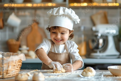 A little girl as a chef is happily making dough for bakery, enjoying a fun family baking session in the kitchen