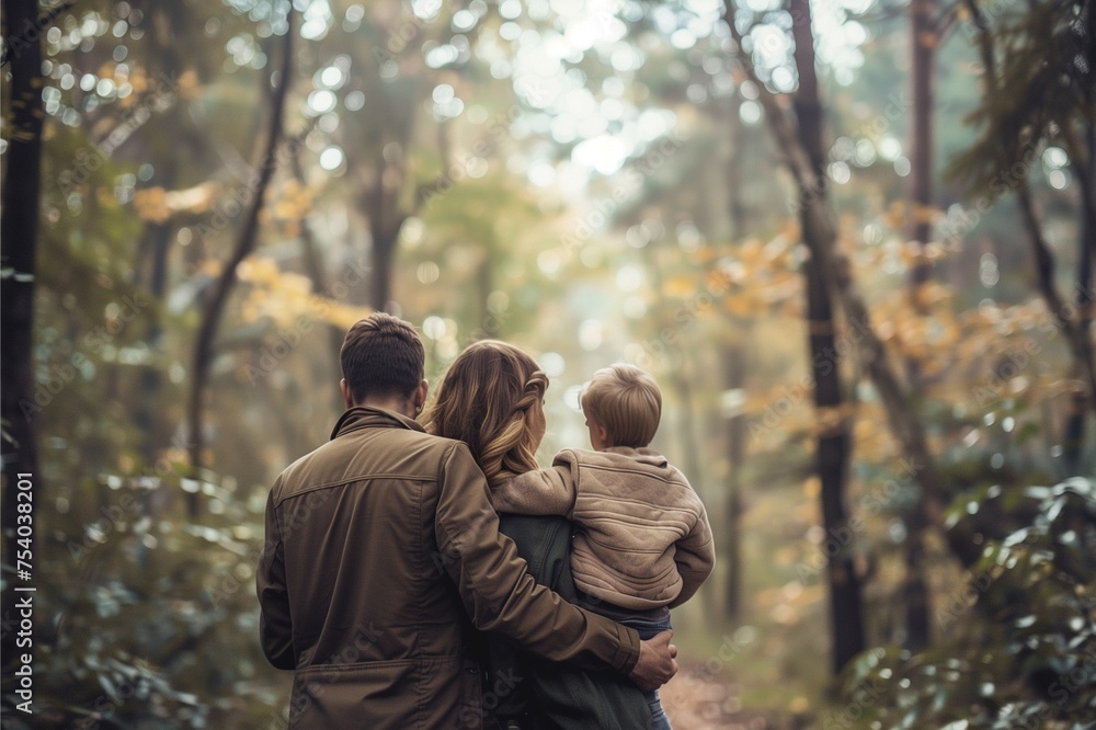 Fototapeta premium A happy couple enjoying nature with their child for their family time in a park or forest during autumn