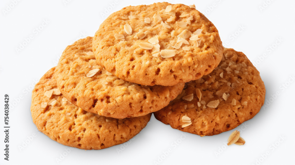 Homemade baked cookie biscuits with peanut butter and oat ingredients isolated on white background Homemade baked cookie biscuits with peanut butter and oat ingredients isolated on white background