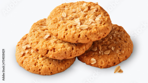 Homemade baked cookie biscuits with peanut butter and oat ingredients isolated on white background created with Generative AI Technology photo