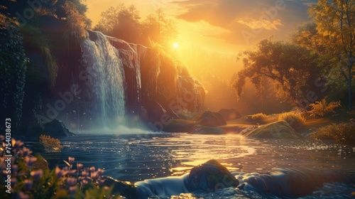 A waterfall empties into a clearing as the sun sets, highlighting the tranquil flow of water and giving the surroundings a golden tint. 