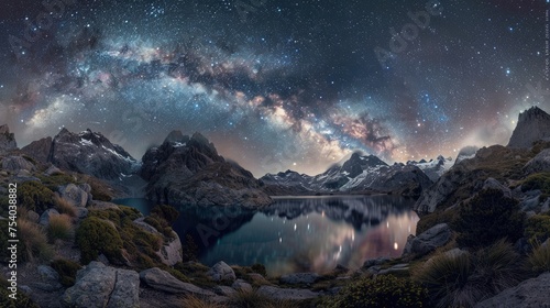 A wide panoramic view of a secluded lake under the night sky, with the Milky Way's brilliance illuminating the scene, casting a soft glow on the surrounding wilderness and the lake's surface. 8k