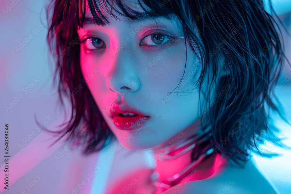 Portrait of Young Asian Woman with Short Hair in Vibrant Neon Lights Portrait of Young Asian Woman with Short Hair in Vibrant Neon Lights