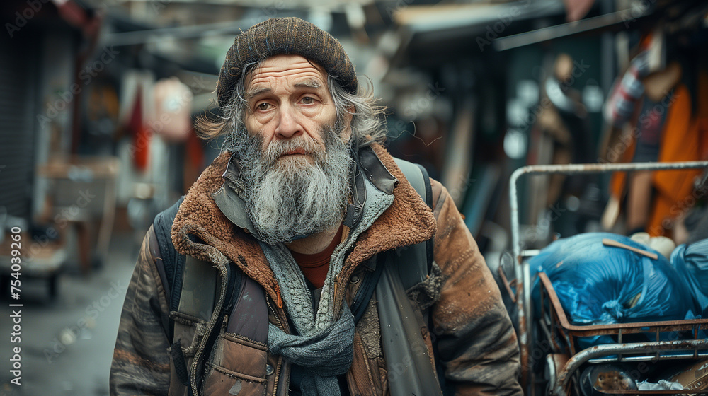 Portrait of mature grey haired homeless man in winter clothes outside.