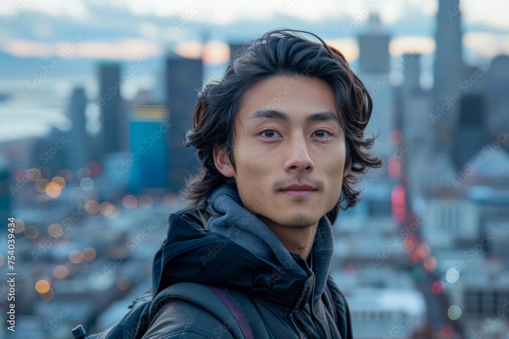 Fototapeta premium Young Asian Man with Stylish Hair Posing in Urban Setting at Dusk, Cityscape Background, Modern Lifestyle Portrait