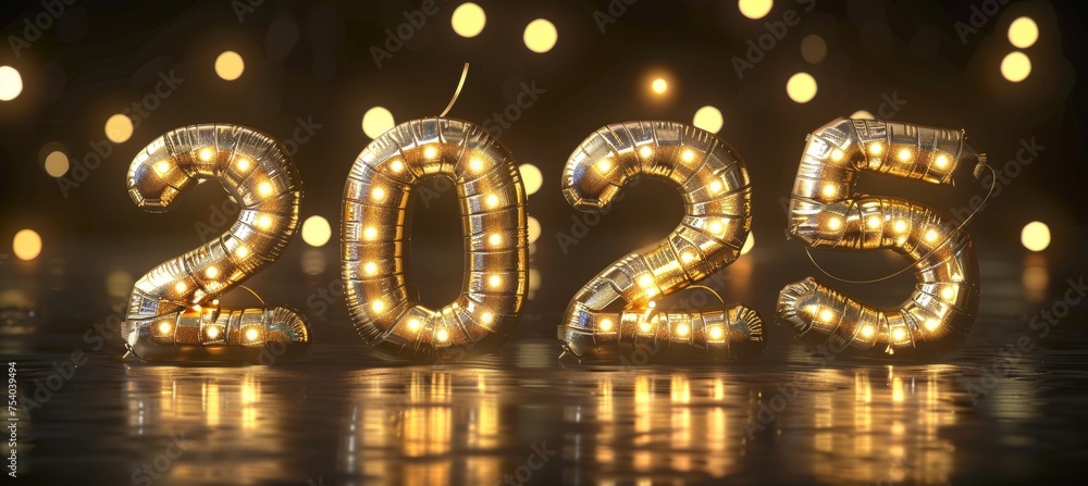 Obraz premium 2025 new year holiday card with big 3d golden numbers, dark background, fireworks, and golden bokeh.