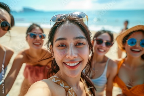 Group of Happy Young Friends Taking a Selfie on a Sunny Beach Day with Clear Blue Sky © pisan