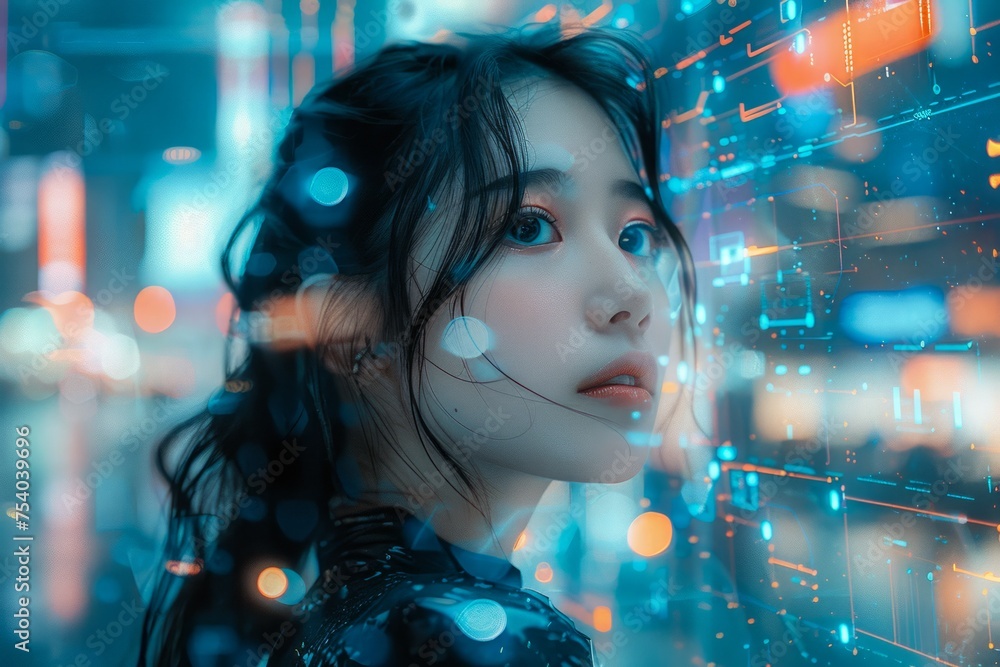 Futuristic Portrait of Young Woman with Holographic Light Effects in a Cyberpunk Cityscape Futuristic Portrait of Young Woman with Holographic Light Effects in a Cyberpunk Cityscape