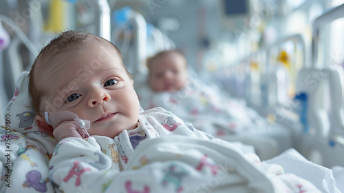 Cute baby boy, premature birth. Inside a NICU birthing center. photo