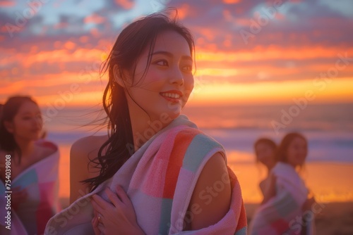 Radiant Young Woman Smiling at Sunset on Beach with Friends Wrapped in Towels After Swim
