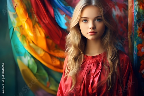 Innocence shines through as a female model poses in adorable, brightly colored clothing, her light makeup and gentle demeanor creating an enchanting atmosphere against a simple backdrop.
