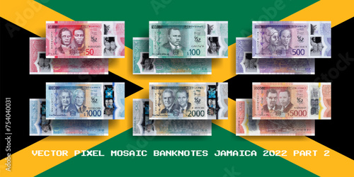 Vector set of pixel mosaic banknotes of Jamaica. Collection of notes in denominations of 50, 100, 500, 1000, 2000 and 5000 dollars 2022. Play money or flyers. Part 2