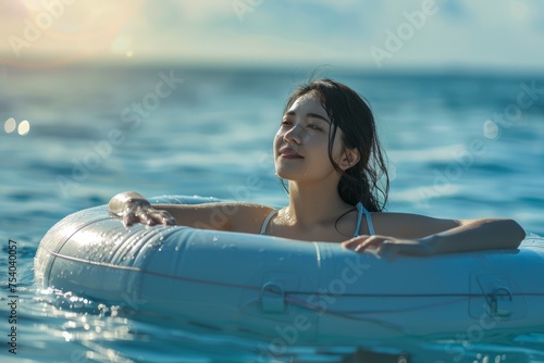 Serene Young Woman Relaxing on Inflatable Ring in Sunlit Ocean Water with Clear Blue Sky