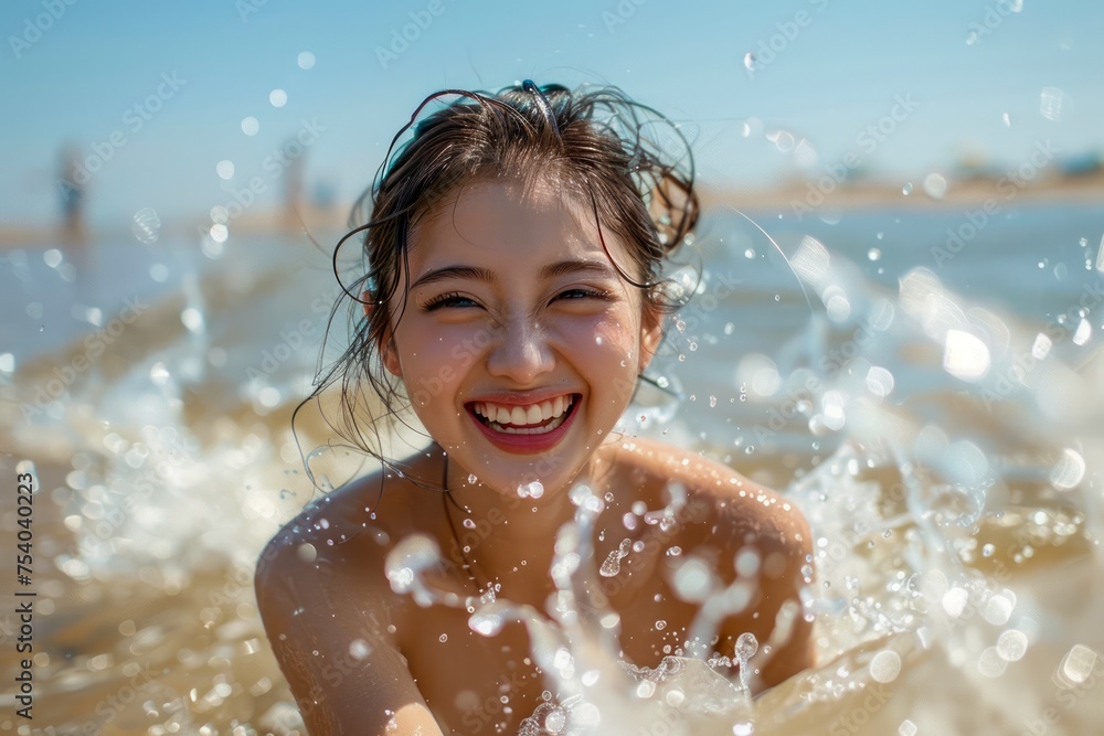 Obraz premium Young Joyful Woman Smiling in the Sea Water Under Bright Sunlight