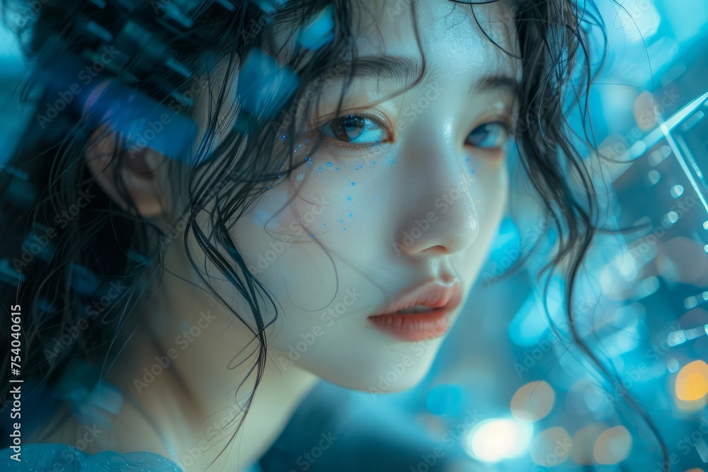Enigmatic Young Woman with Glitter Makeup and Wet Hair Against Neon Lights Enigmatic Young Woman with Glitter Makeup and Wet Hair Against Neon Lights