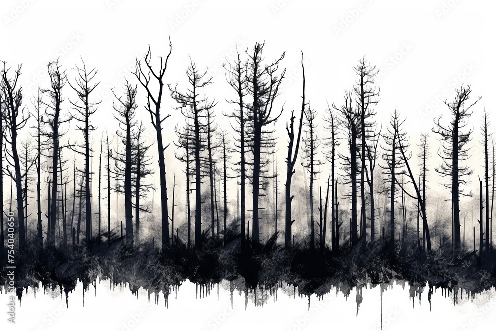 haunting reminder of mortality: a row of barren trees against a sterile white background haunting reminder of mortality: a row of barren trees against a sterile white background
