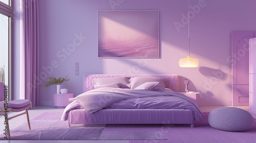 A calming bedroom in shades of lavender, featuring simple yet colorful furniture arrangements for a minimalist aesthetic.