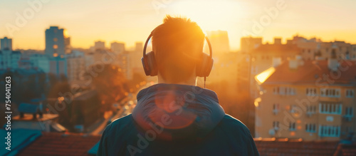 a man listening music use headphones with cityscape view