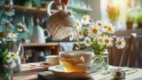 Female hand pouring natural chamomile tea from teapot into cup on table in kitchen Generative Ai