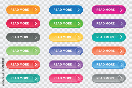 "Elevate web design with our Isolated Read More Button Set. Trendy collection for websites, labels, banners, and more. Vector illustration."