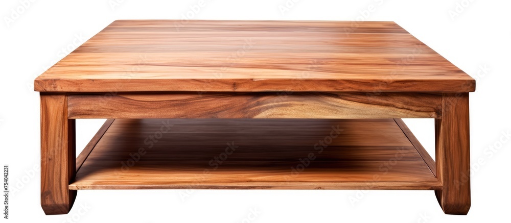 A wooden coffee table with a shelf underneath it, on an isolated white background. The table is a simple design with clean lines, showcasing the natural beauty of the wood. A wooden coffee table with a shelf underneath it, on an isolated white background. The table is a simple design with clean lines, showcasing the natural beauty of the wood.