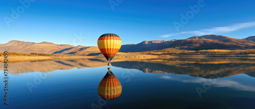 landscape view of colorful hot air balloon floating in the air and reflecting on the surface of a calm lake with green hills and clear blue sky in the background created with Generative AI Technology