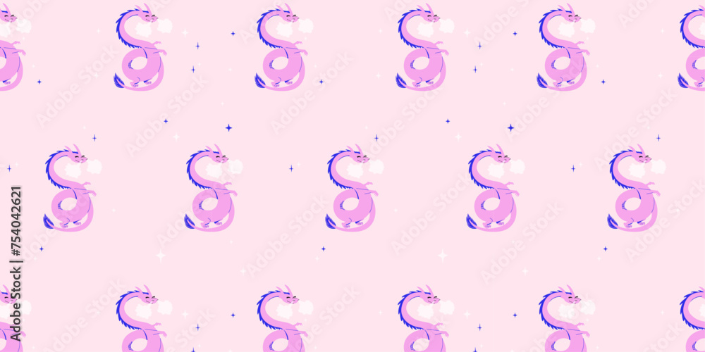 Beautiful seamless pattern. Chinese dragon. Flat illustration on pink background. Postcard, invitation or packaging. Beautiful seamless pattern. Chinese dragon. Flat illustration on pink background. Postcard, invitation or packaging.