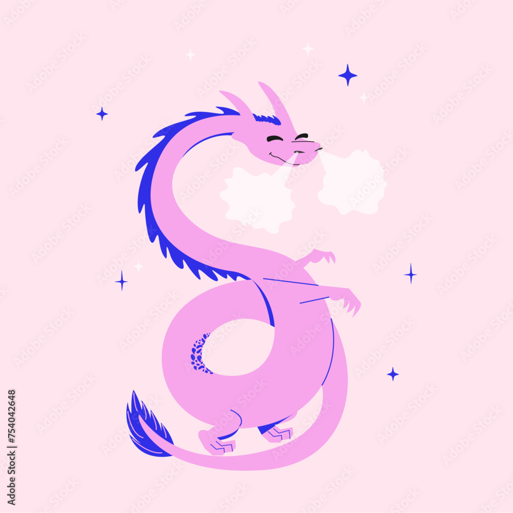 Cute and friendly dragon. Flat isolated illustration on pink background. Postcard, invitation, layout or wallpaper. Cute and friendly dragon. Flat isolated illustration on pink background. Postcard, invitation, layout or wallpaper.