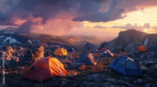 An array of colorful tents scattered across a high mountain plateau, each emitting a gentle glow, with the last light of the day casting dramatic shadows over the landscape and a stormy sky above. 8k