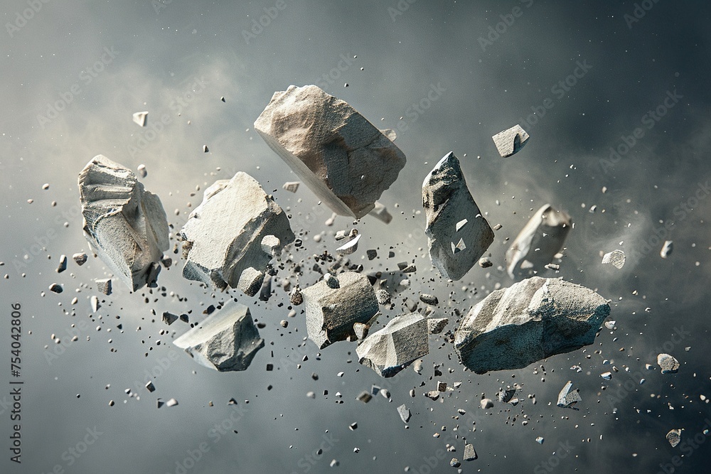 Small pieces of broken stone burst into the air main image leaning to the right - obrazy, fototapety, plakaty 