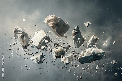 Small pieces of broken stone burst into the air main image leaning to the right photo