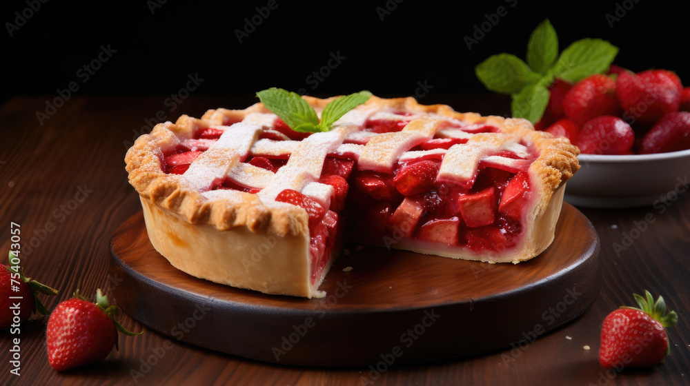 Strawberry Rhubarb Pie filled with a combination of strawberries fruit and rhubarb vegetables isolated on a dark background Strawberry Rhubarb Pie filled with a combination of strawberries fruit and rhubarb vegetables isolated on a dark background