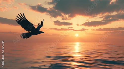 An eagle flying low over tranquil sea waters, with the sun setting in the background, casting a soft glow on the water's surface. 8k