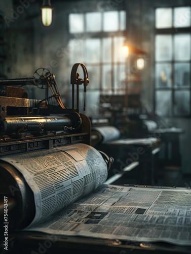 a newspaper printing press working on project focused moody background photo