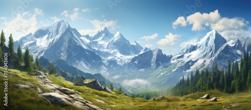 A detailed painting showcasing a stunning alpine mountain range under a clear sky  with lush trees in the foreground. The towering peaks dominate the scene  while the trees add depth and perspective.