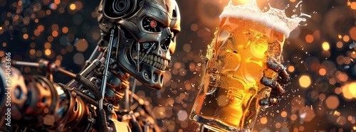 a terrific smiling terminator after a party hugging a very large glass of Labat beer and surrounded by a splash of beer