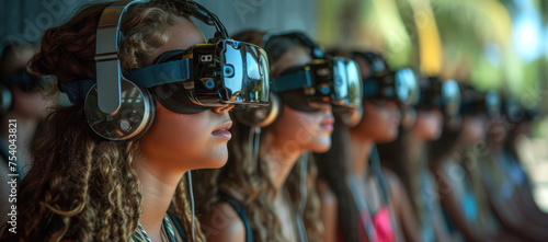 Group of Kids Wearing Virtual Reality Glasses extreme closeup. Genrative AI
