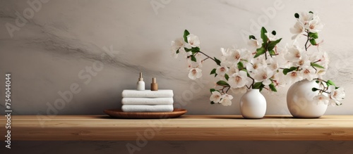 Three white vases filled with blooming white flowers are neatly arranged on a vintage wooden shelf. The classic bathroom setting enhances the minimalist and clean design aesthetic. © Lasvu