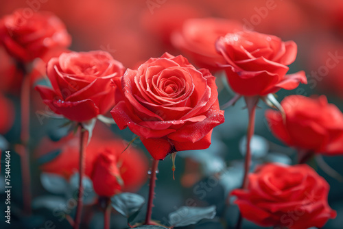 Red Beautiful Roses Flowers Romantic Arrangement extreme closeup. Generative AI