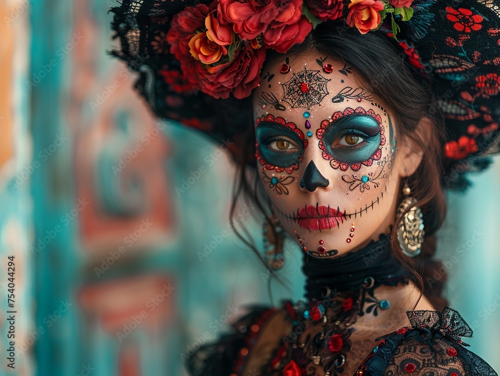 A woman with a black hat and red face paint is wearing a red dress A woman with a black hat and red face paint is wearing a red dress