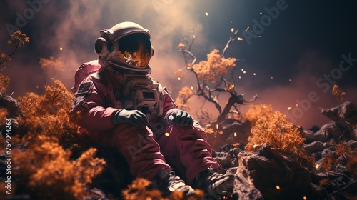 A man in a red spacesuit is sitting on a rocky surface
